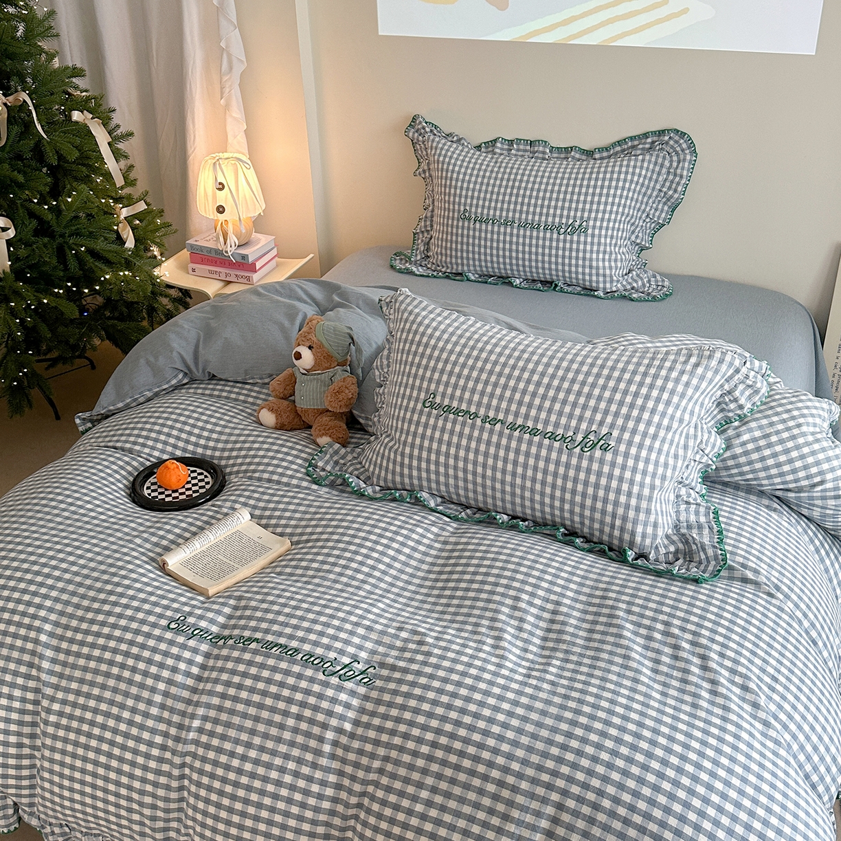 91家纺网 家纺一手货源 找家纺 琳可家居 2025新款全棉色织水洗棉刺绣款四件套-甜心系列 甜心-蓝