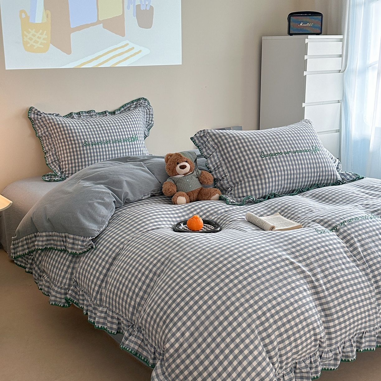 91家纺网 家纺一手货源 找家纺 琳可家居 2025新款全棉色织水洗棉刺绣款四件套-甜心系列 甜心-蓝