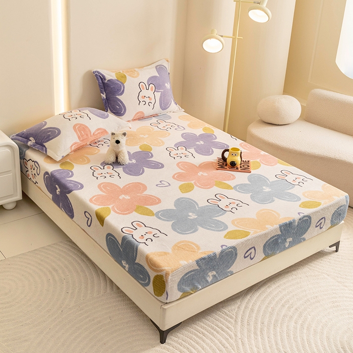 91家纺网 家纺一手货源 找家纺 倾慕家纺 2026新款立体菠萝格印花保暖床笠 七彩小兔