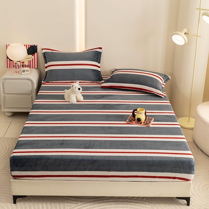 倾慕家纺 2026新款立体菠萝格印花保暖床笠 英伦横条