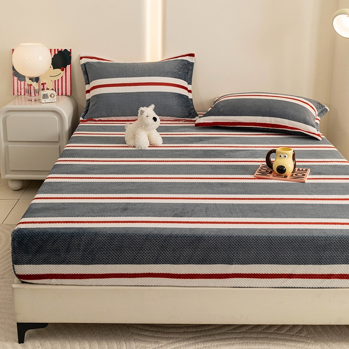 91家纺网 家纺一手货源 找家纺 倾慕家纺 2026新款立体菠萝格印花保暖床笠 英伦横条