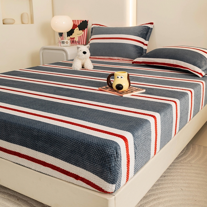 91家纺网 家纺一手货源 找家纺 倾慕家纺 2026新款立体菠萝格印花保暖床笠 英伦横条