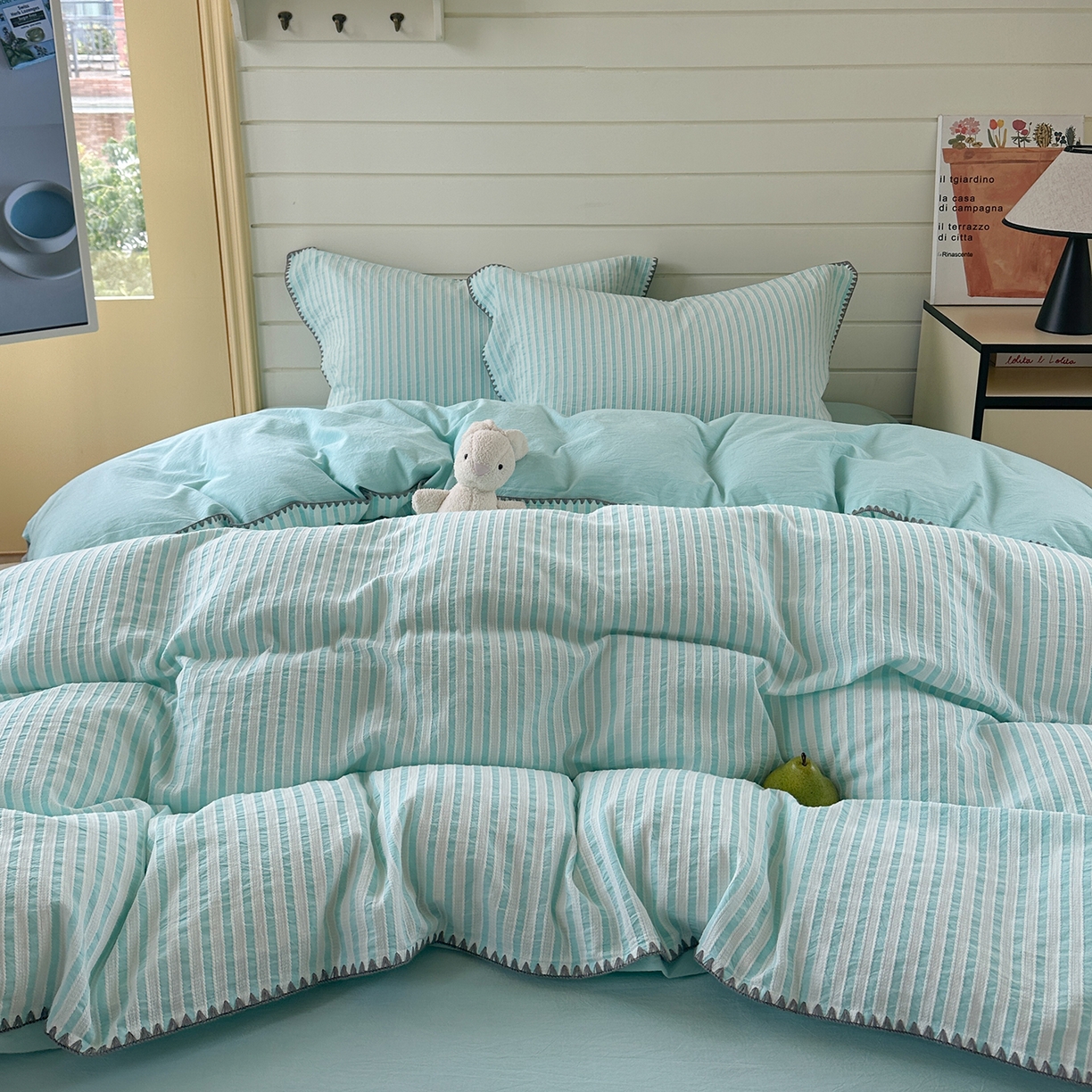 91家纺网 家纺一手货源 找家纺 琳可家居 2025新款色织全棉四件套-条纹系列 条纹-天青色