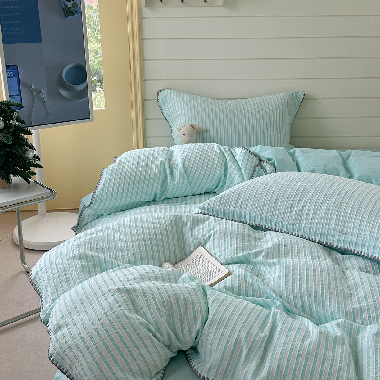 91家纺网 家纺一手货源 找家纺 琳可家居 2025新款色织全棉四件套-条纹系列 条纹-天青色