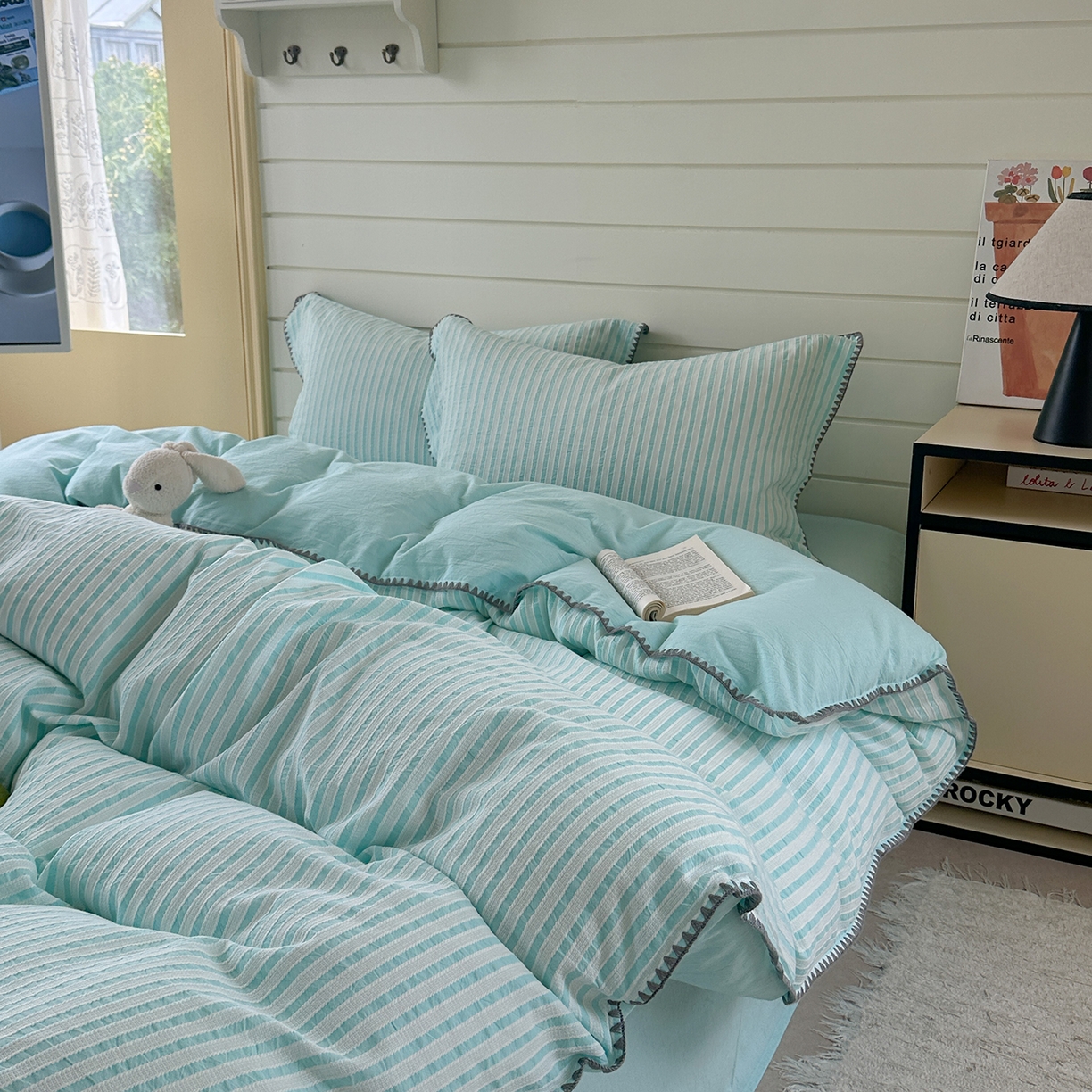 91家纺网 家纺一手货源 找家纺 琳可家居 2025新款色织全棉四件套-条纹系列 条纹-天青色