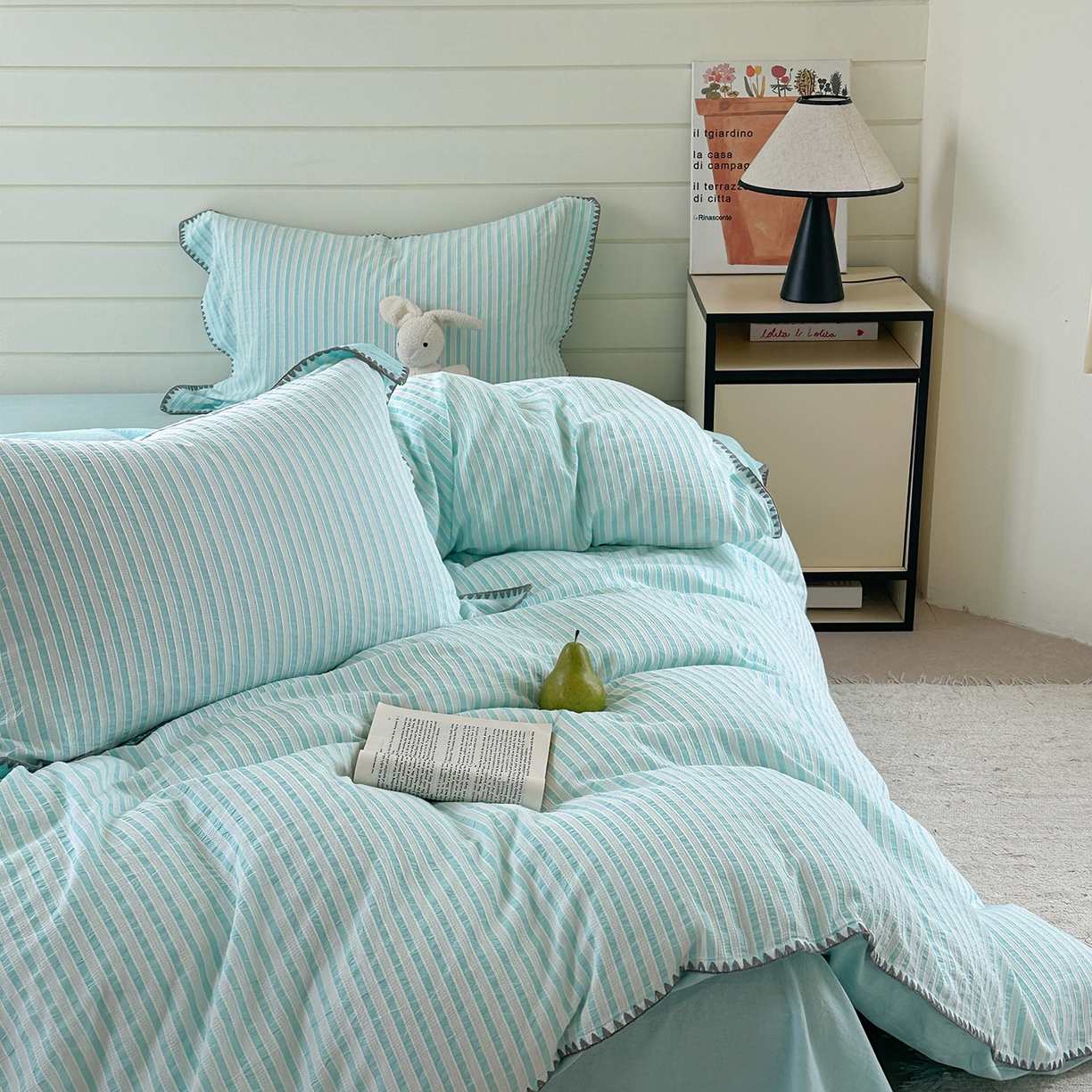 91家纺网 家纺一手货源 找家纺 琳可家居 2025新款色织全棉四件套-条纹系列 条纹-天青色