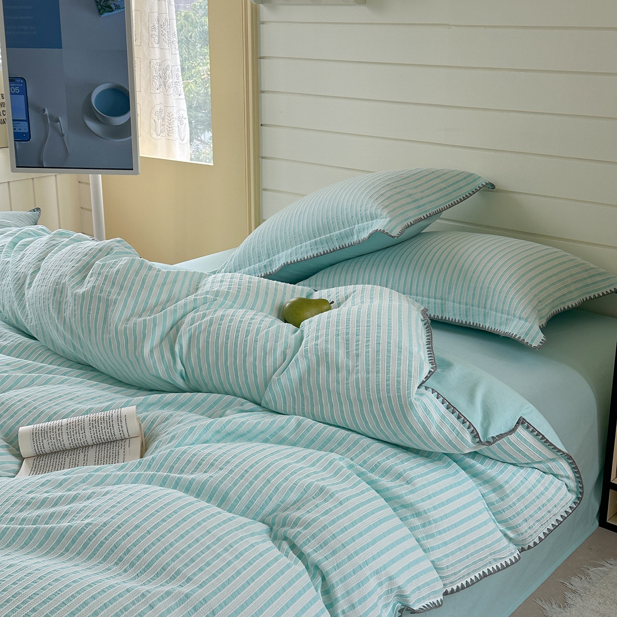 91家纺网 家纺一手货源 找家纺 琳可家居 2025新款色织全棉四件套-条纹系列 条纹-天青色