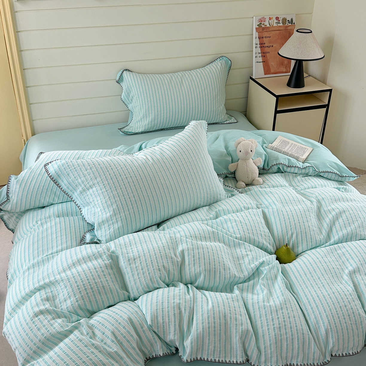 91家纺网 家纺一手货源 找家纺 琳可家居 2025新款色织全棉四件套-条纹系列 条纹-天青色