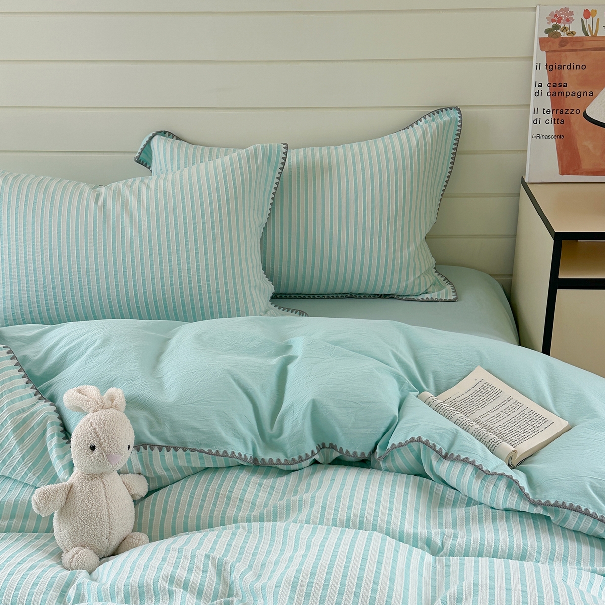 91家纺网 家纺一手货源 找家纺 琳可家居 2025新款色织全棉四件套-条纹系列 条纹-天青色