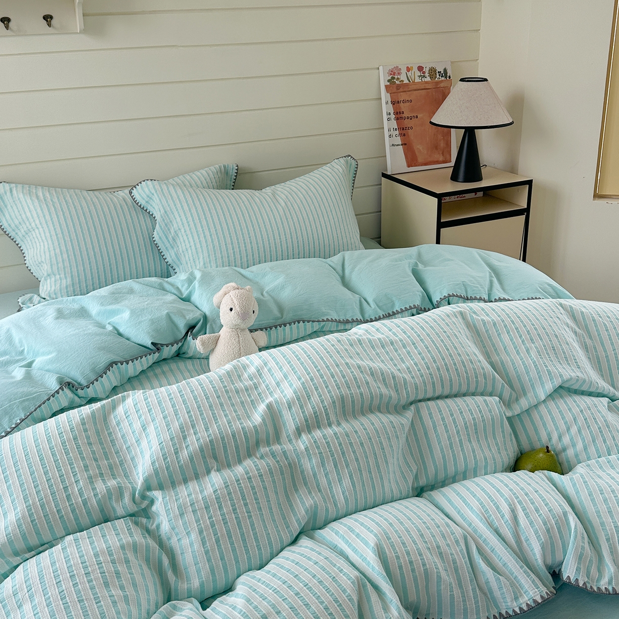 91家纺网 家纺一手货源 找家纺 琳可家居 2025新款色织全棉四件套-条纹系列 条纹-天青色