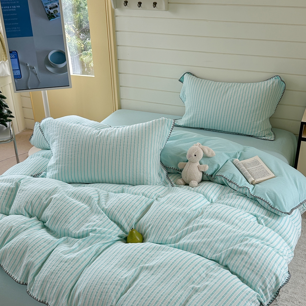 91家纺网 家纺一手货源 找家纺 琳可家居 2025新款色织全棉四件套-条纹系列 条纹-天青色