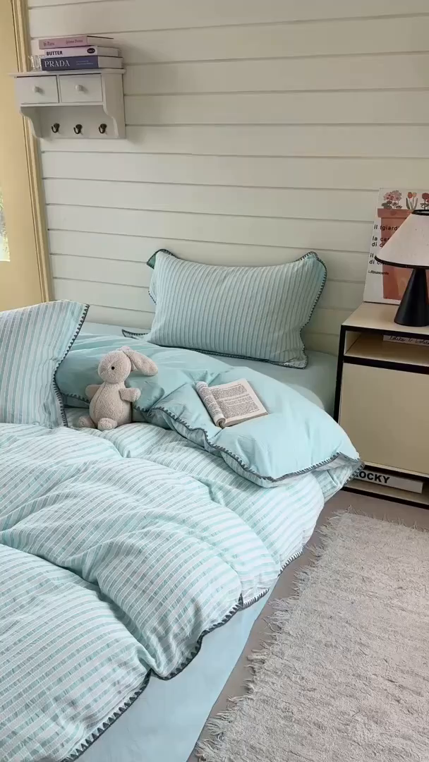 91家纺网 家纺一手货源 找家纺 琳可家居 2025新款色织全棉四件套-条纹系列 条纹-天青色