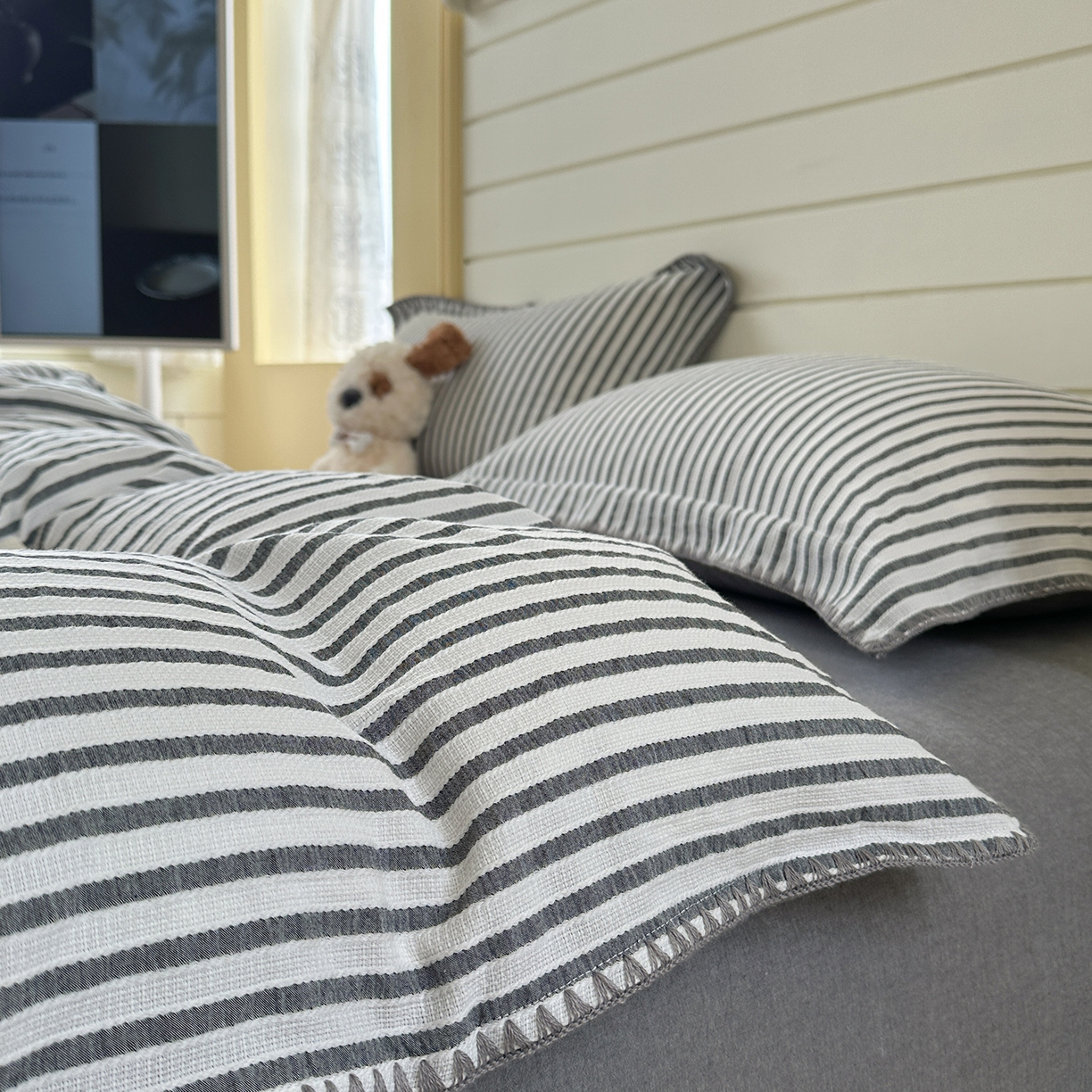 91家纺网 家纺一手货源 找家纺 琳可家居 2025新款色织全棉四件套-条纹系列 条纹-轻瓦灰