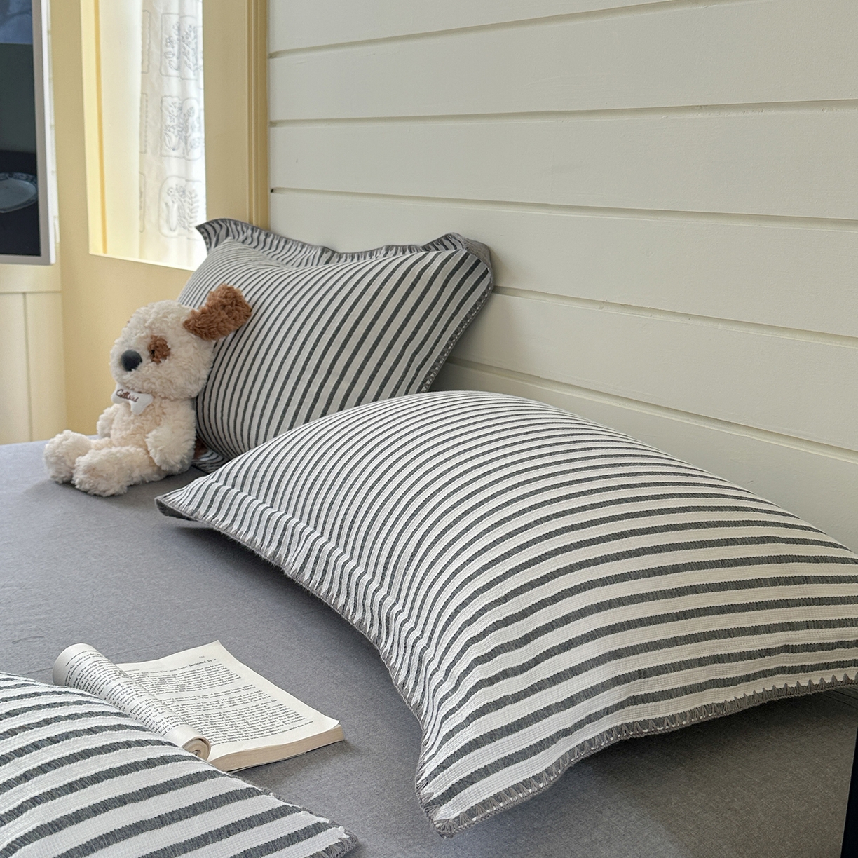 91家纺网 家纺一手货源 找家纺 琳可家居 2025新款色织全棉四件套-条纹系列 条纹-轻瓦灰