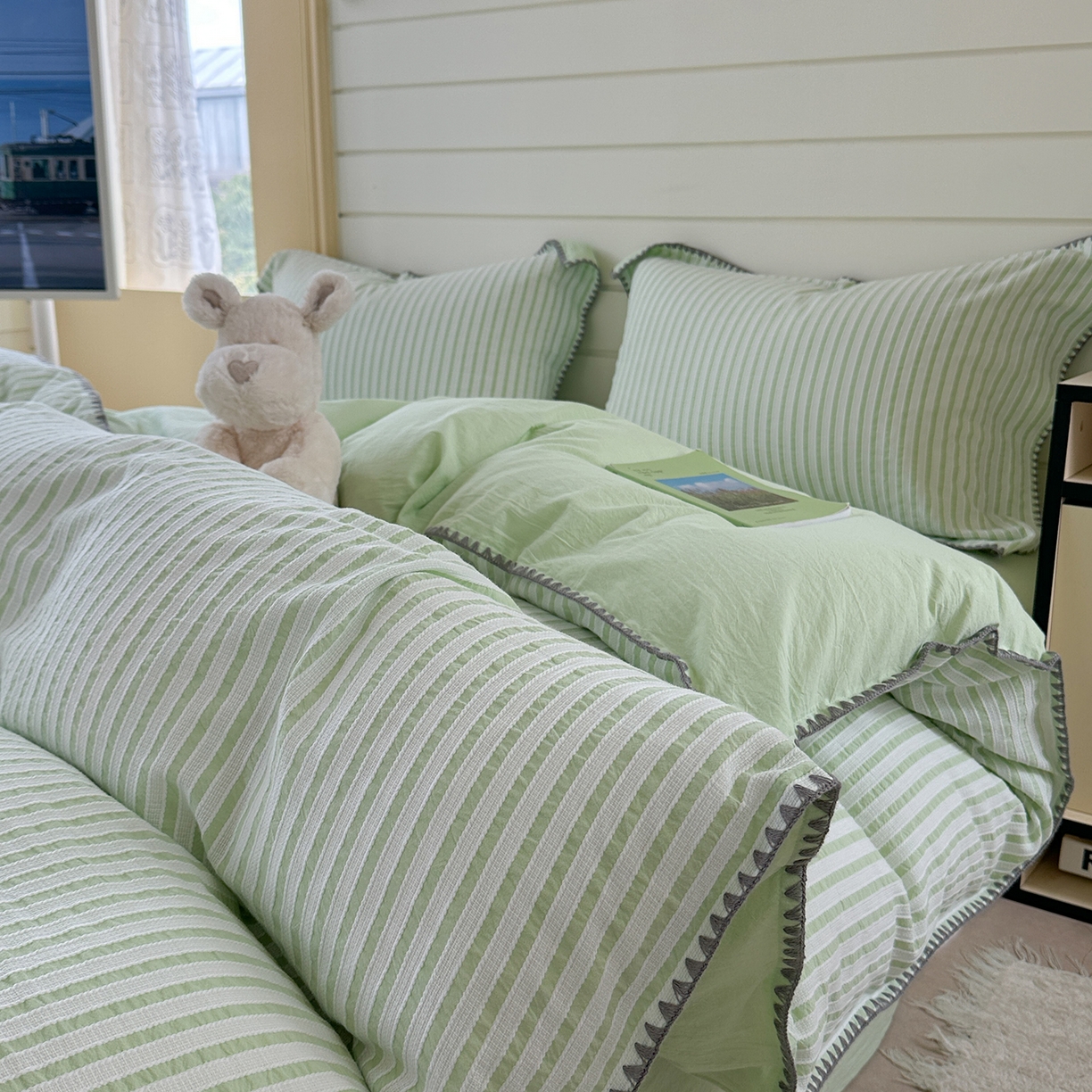 91家纺网 家纺一手货源 找家纺 琳可家居 2025新款色织全棉四件套-条纹系列 条纹-清水绿