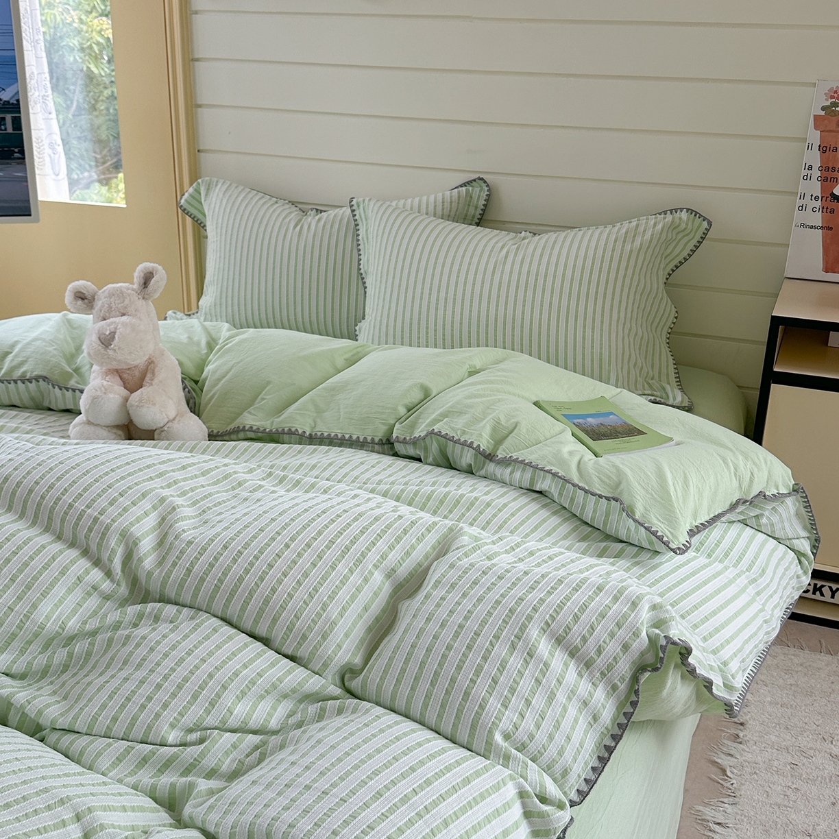 91家纺网 家纺一手货源 找家纺 琳可家居 2025新款色织全棉四件套-条纹系列 条纹-清水绿