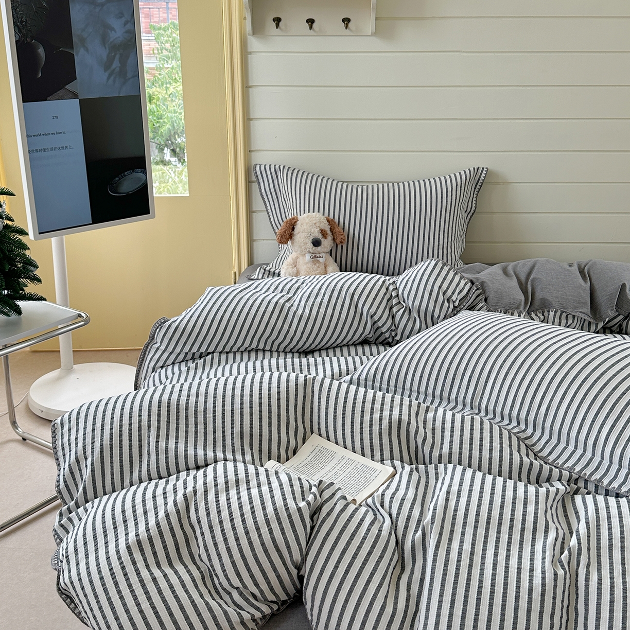 91家纺网 家纺一手货源 找家纺 琳可家居 2025新款色织全棉四件套-条纹系列 条纹-轻瓦灰