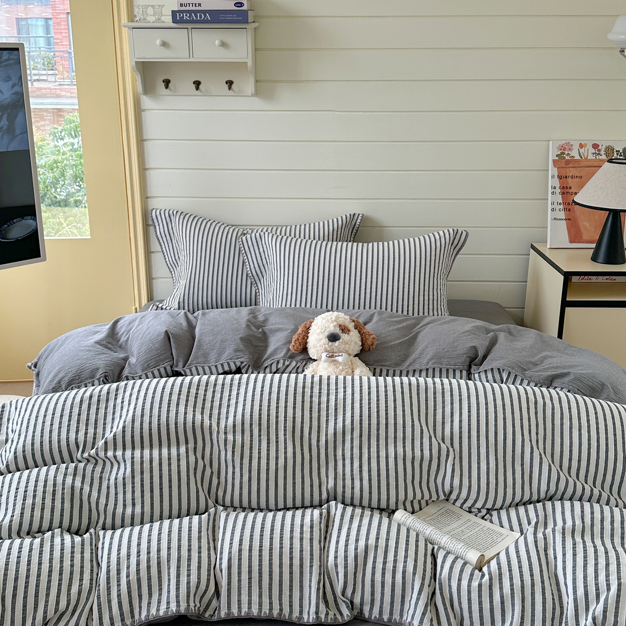 91家纺网 家纺一手货源 找家纺 琳可家居 2025新款色织全棉四件套-条纹系列 条纹-轻瓦灰