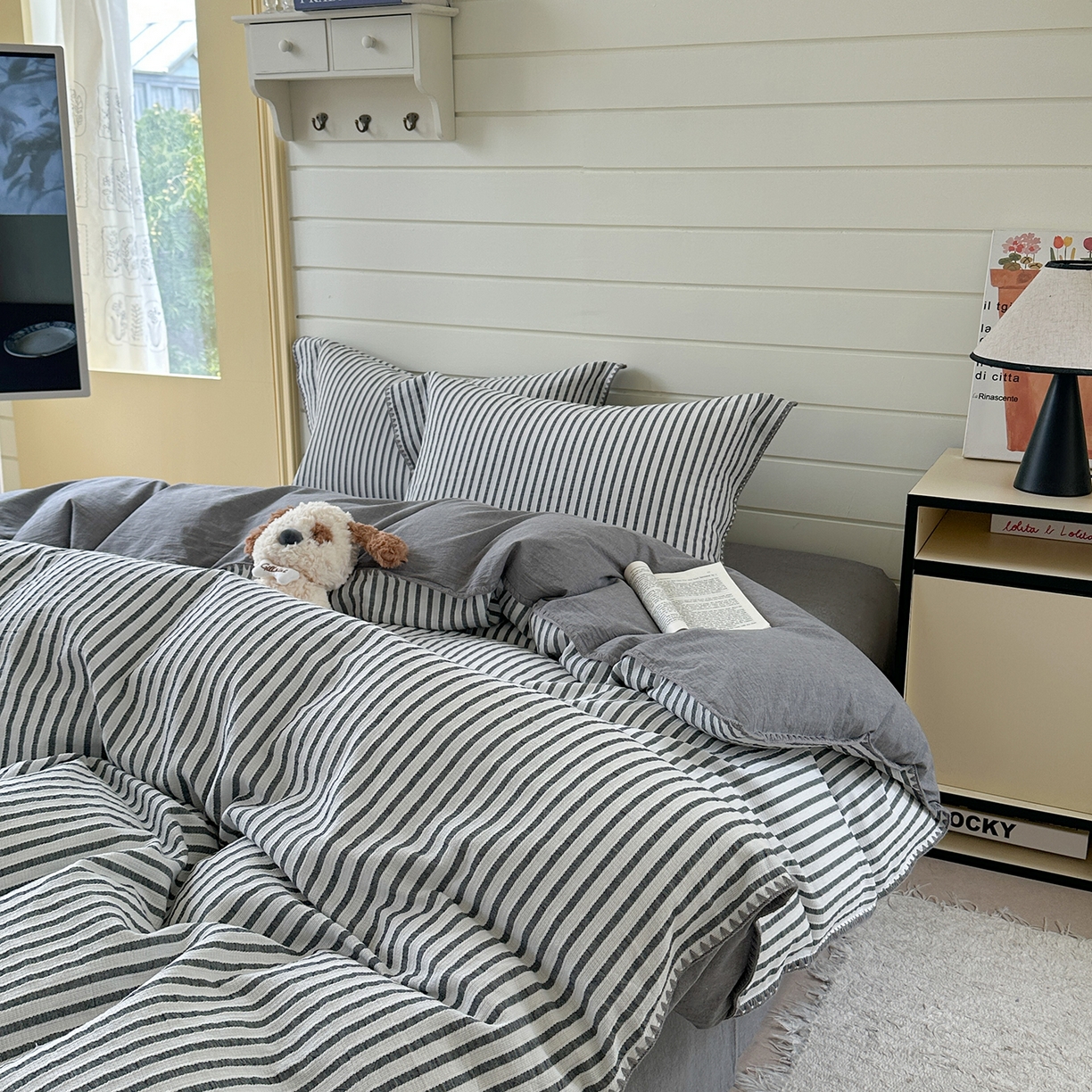 91家纺网 家纺一手货源 找家纺 琳可家居 2025新款色织全棉四件套-条纹系列 条纹-轻瓦灰