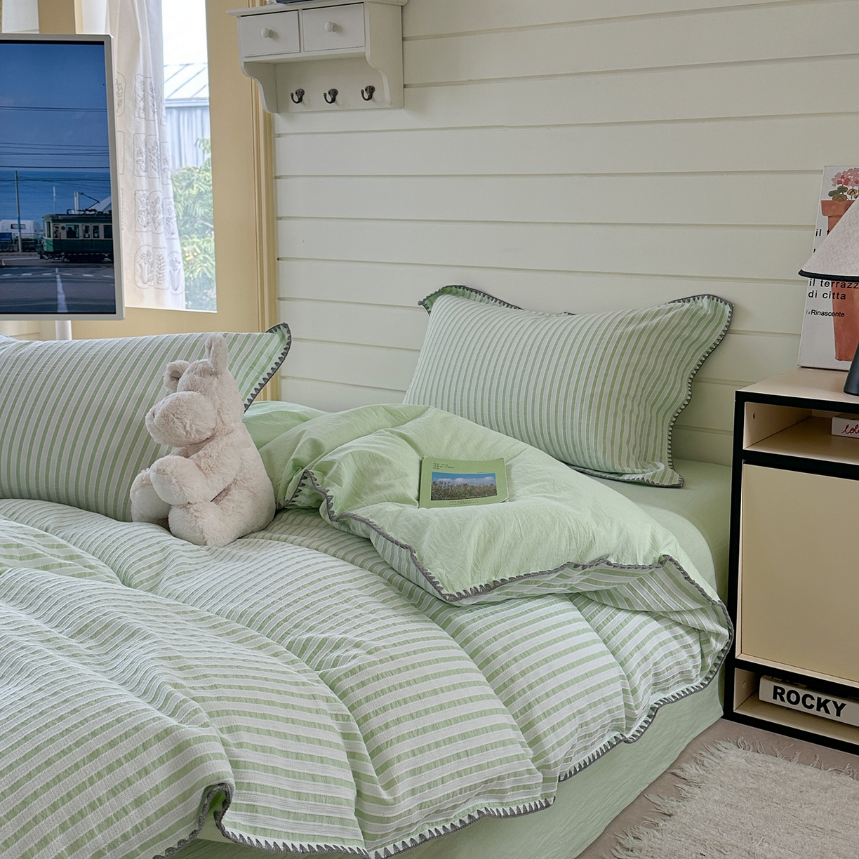 91家纺网 家纺一手货源 找家纺 琳可家居 2025新款色织全棉四件套-条纹系列 条纹-清水绿