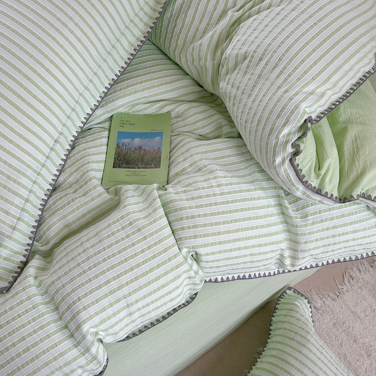 91家纺网 家纺一手货源 找家纺 琳可家居 2025新款色织全棉四件套-条纹系列 条纹-清水绿