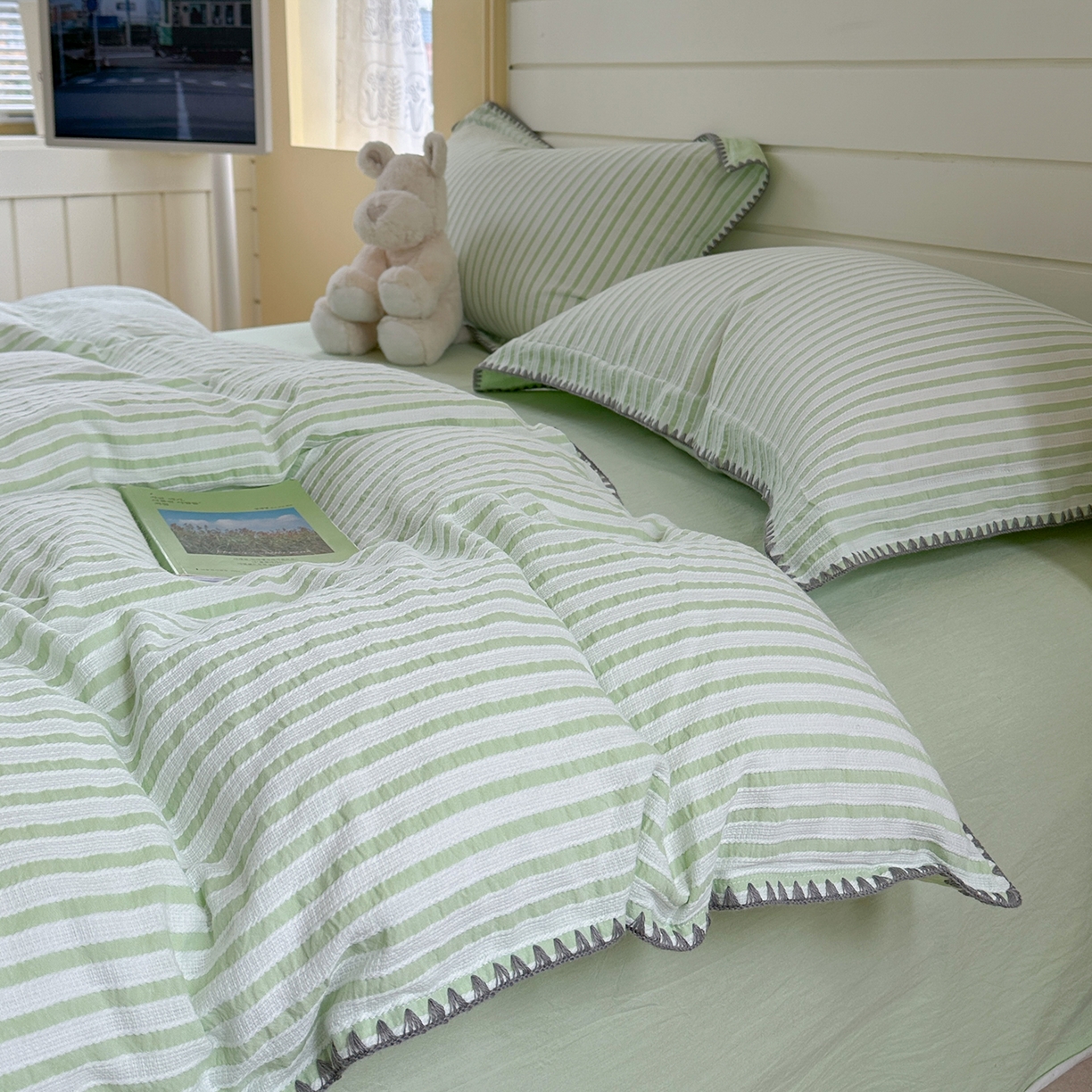 91家纺网 家纺一手货源 找家纺 琳可家居 2025新款色织全棉四件套-条纹系列 条纹-清水绿