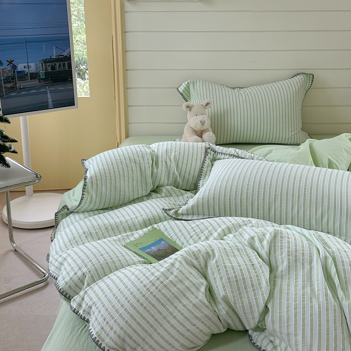 91家纺网 家纺一手货源 找家纺 琳可家居 2025新款色织全棉四件套-条纹系列 条纹-清水绿