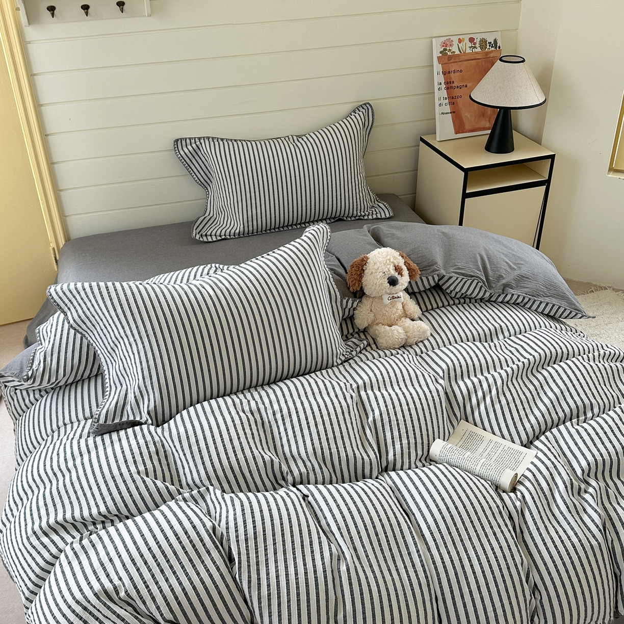 91家纺网 家纺一手货源 找家纺 琳可家居 2025新款色织全棉四件套-条纹系列 条纹-轻瓦灰