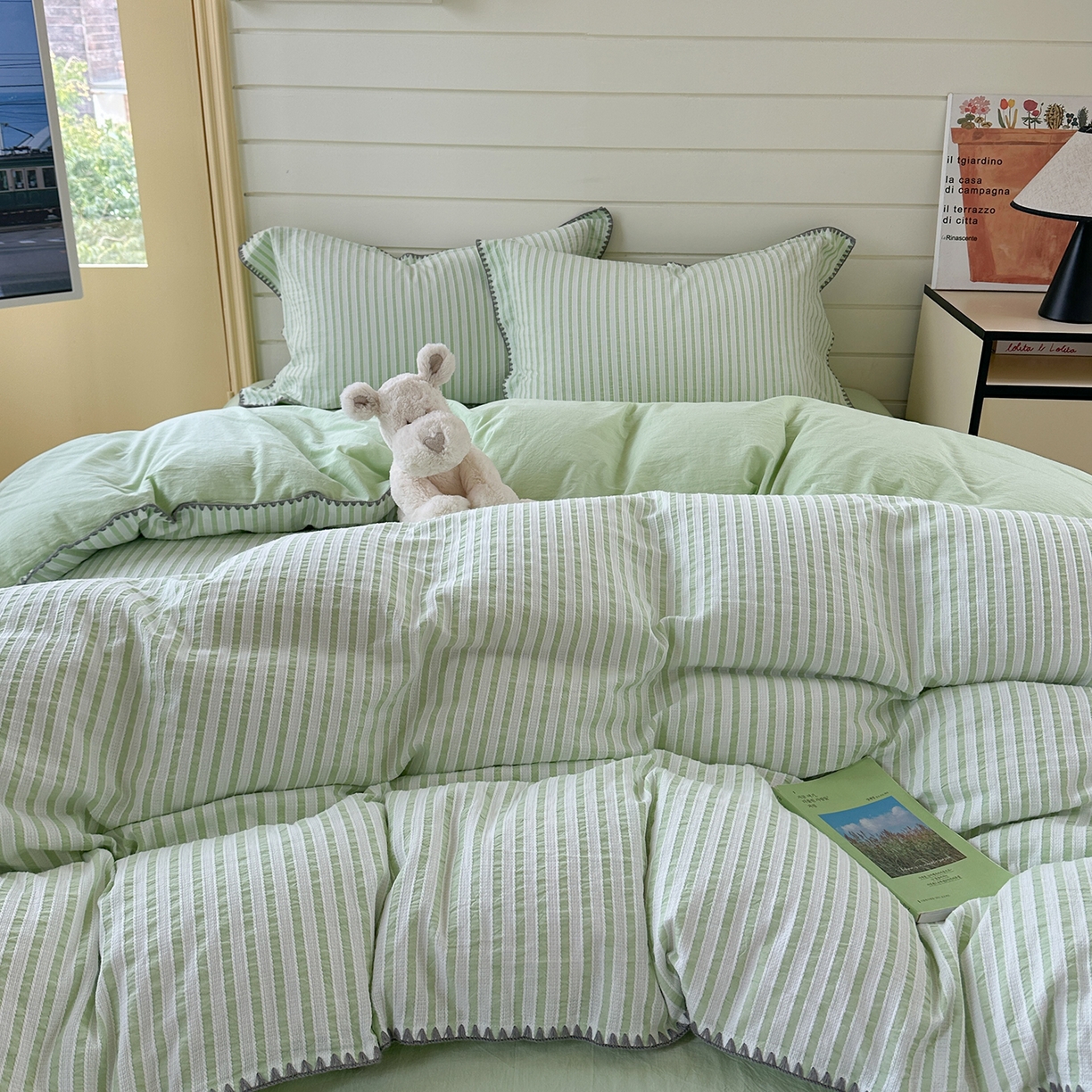 91家纺网 家纺一手货源 找家纺 琳可家居 2025新款色织全棉四件套-条纹系列 条纹-清水绿