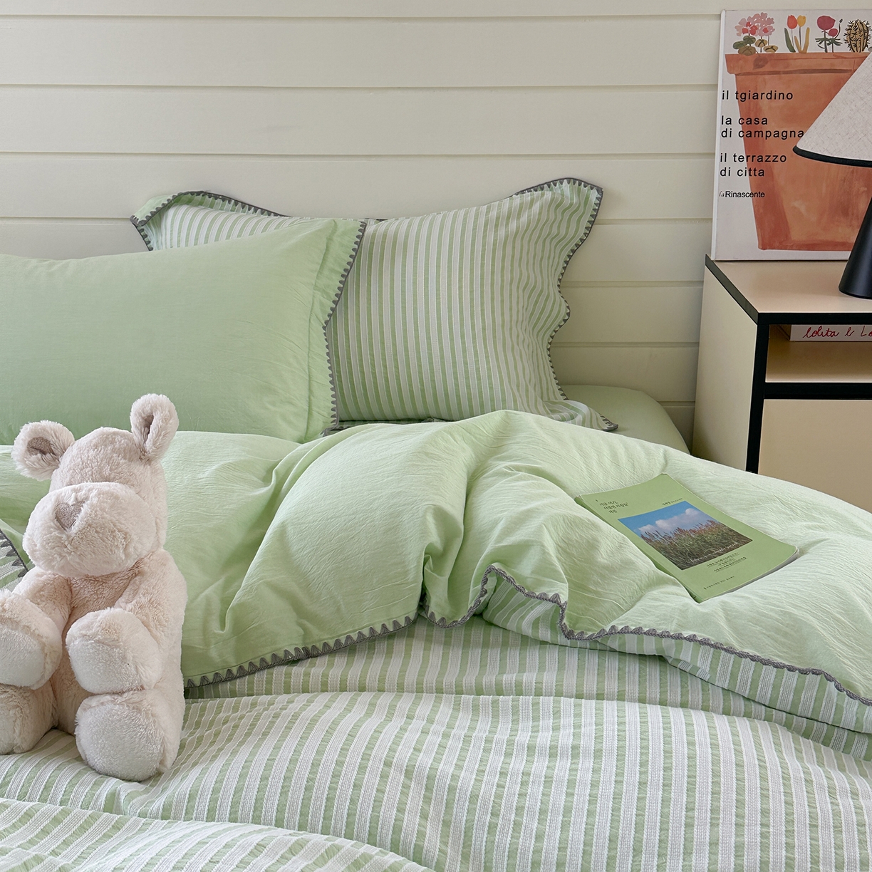 91家纺网 家纺一手货源 找家纺 琳可家居 2025新款色织全棉四件套-条纹系列 条纹-清水绿