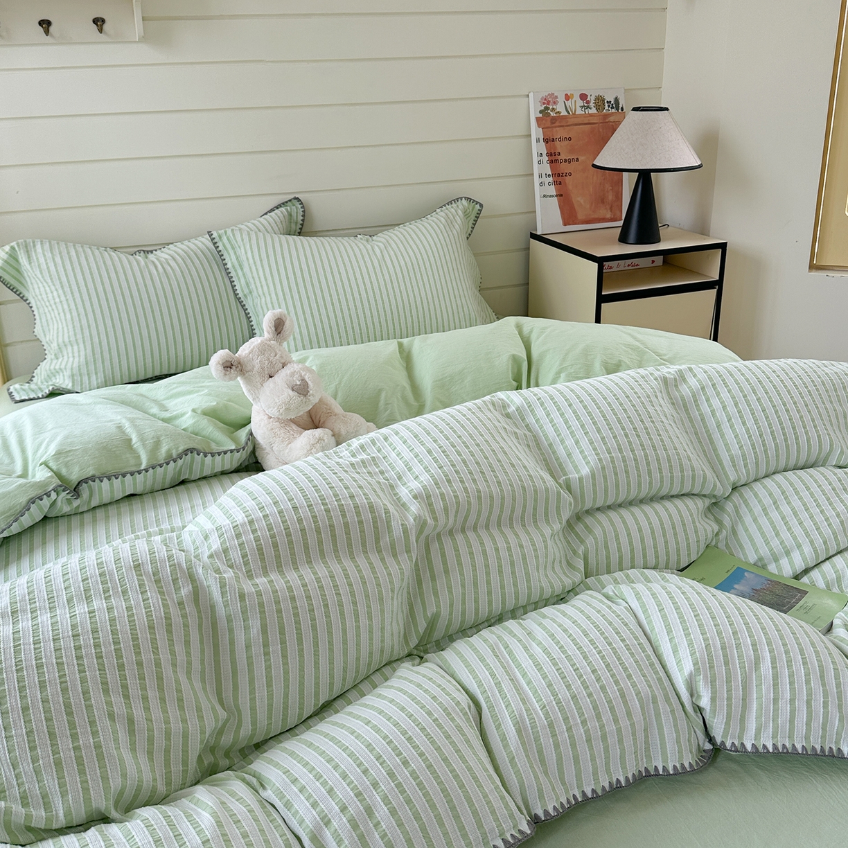 91家纺网 家纺一手货源 找家纺 琳可家居 2025新款色织全棉四件套-条纹系列 条纹-清水绿