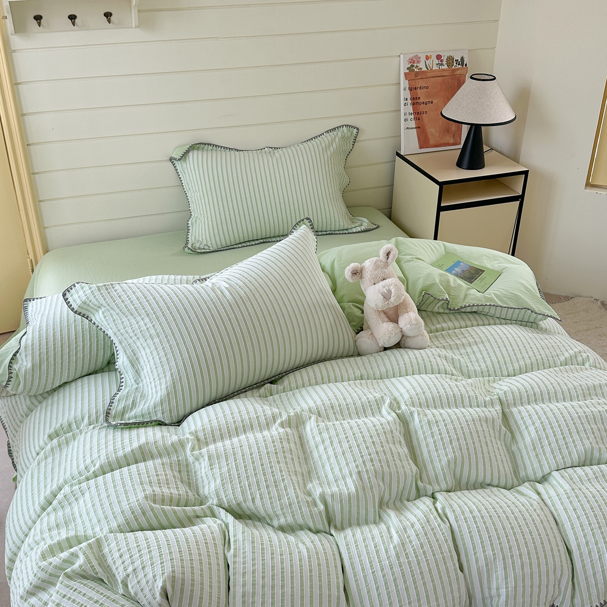 91家纺网 家纺一手货源 找家纺 琳可家居 2025新款色织全棉四件套-条纹系列 条纹-清水绿
