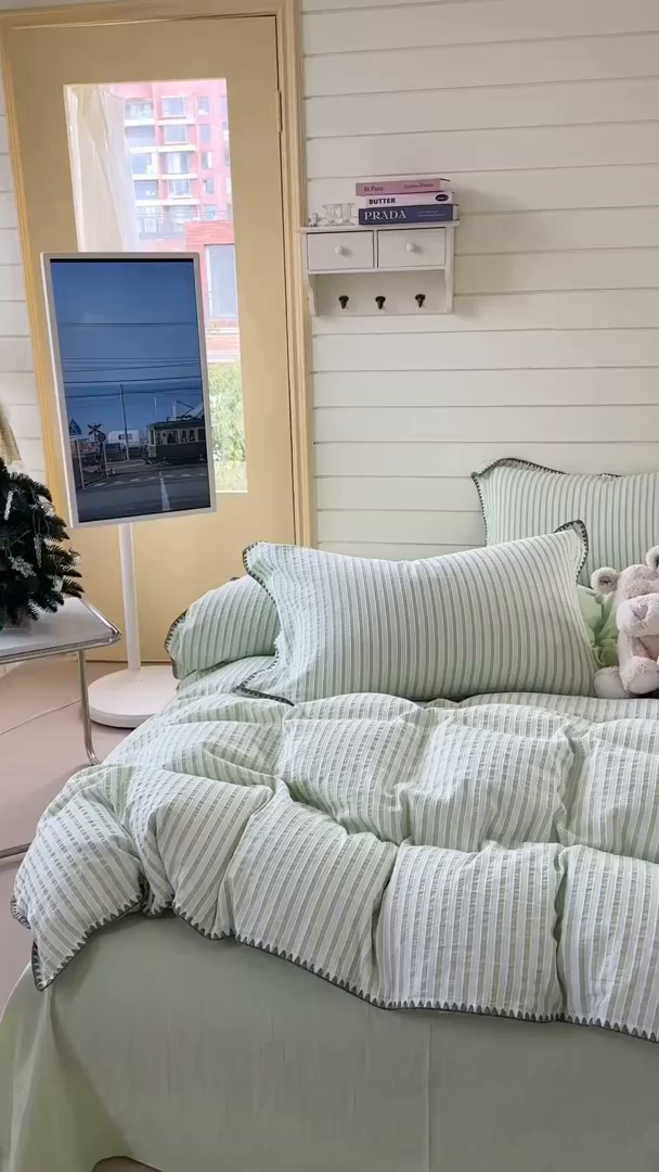 91家纺网 家纺一手货源 找家纺 琳可家居 2025新款色织全棉四件套-条纹系列 条纹-清水绿