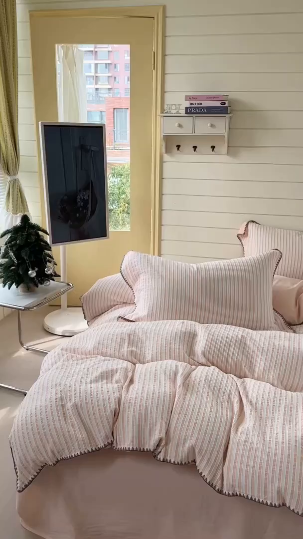 91家纺网 家纺一手货源 找家纺 琳可家居 2025新款色织全棉四件套-条纹系列 条纹-蔷薇粉