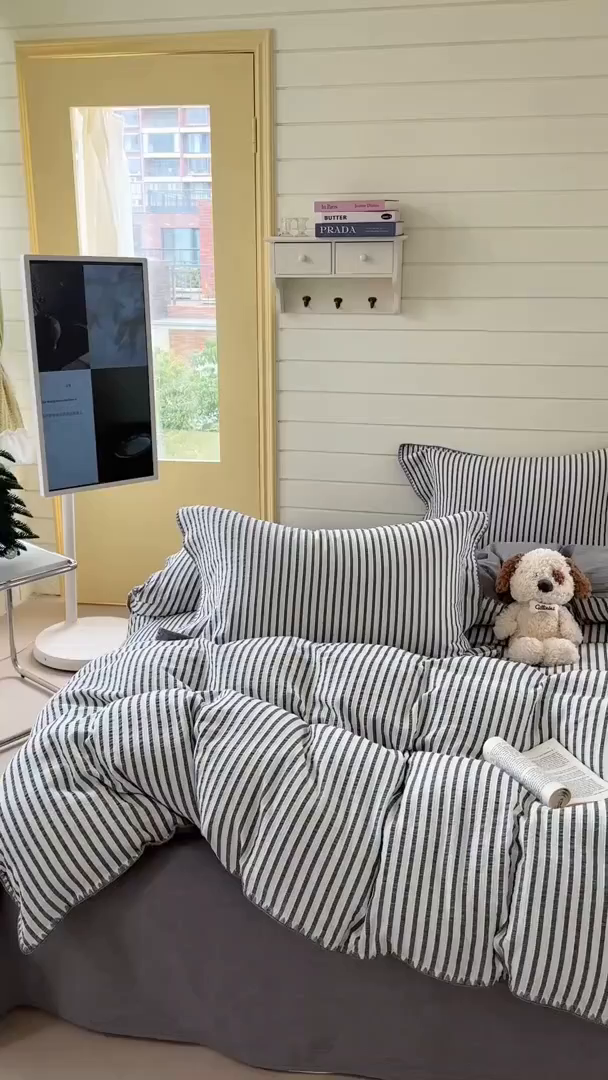 91家纺网 家纺一手货源 找家纺 琳可家居 2025新款色织全棉四件套-条纹系列 条纹-轻瓦灰