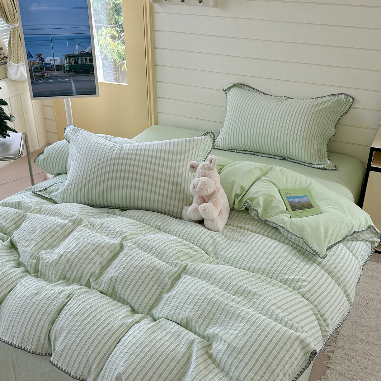 91家纺网 家纺一手货源 找家纺 琳可家居 2025新款色织全棉四件套-条纹系列 条纹-清水绿