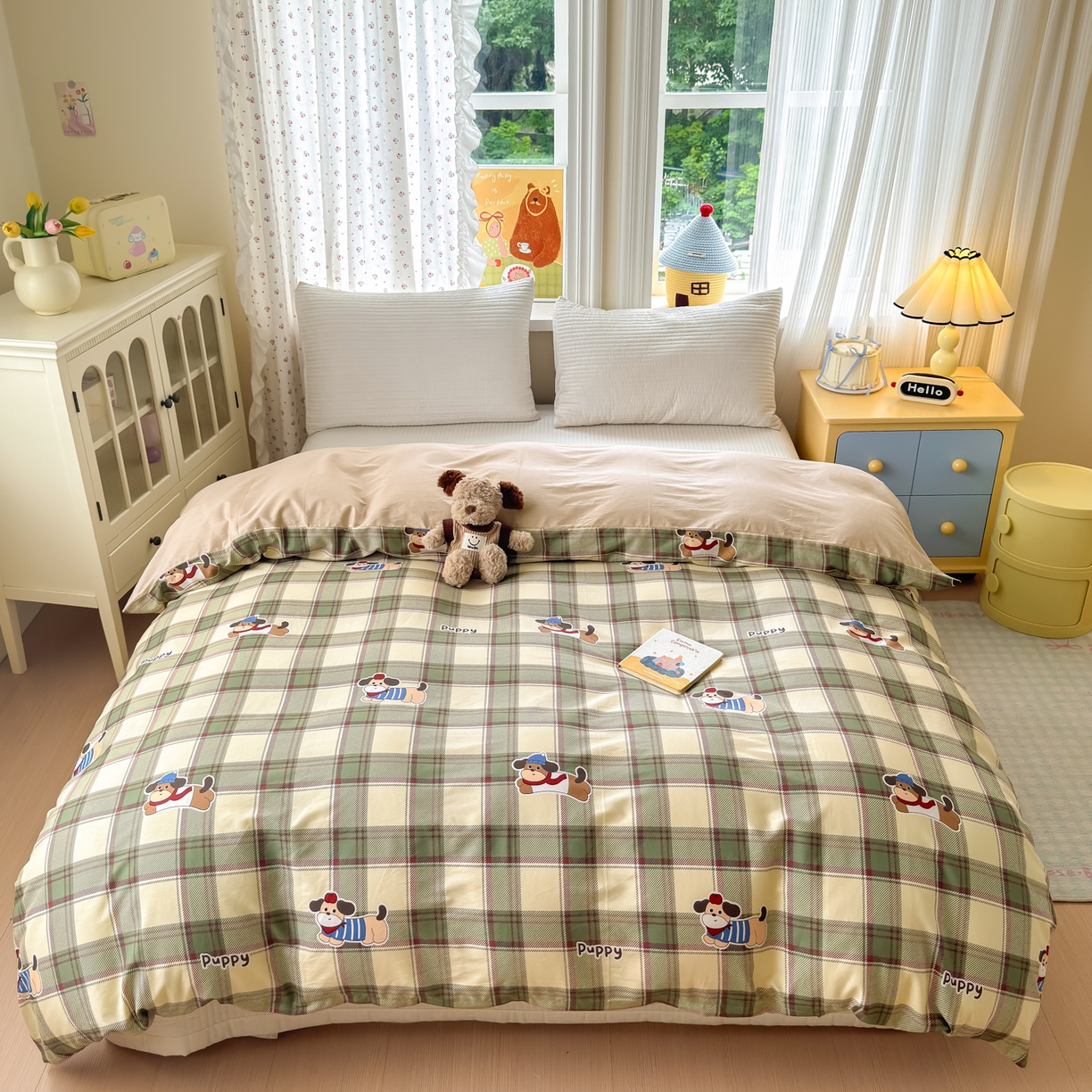 91家纺网 家纺一手货源 找家纺 清雅福 2026春夏新品全棉13070萌趣系列单被套 可爱汪-绿格