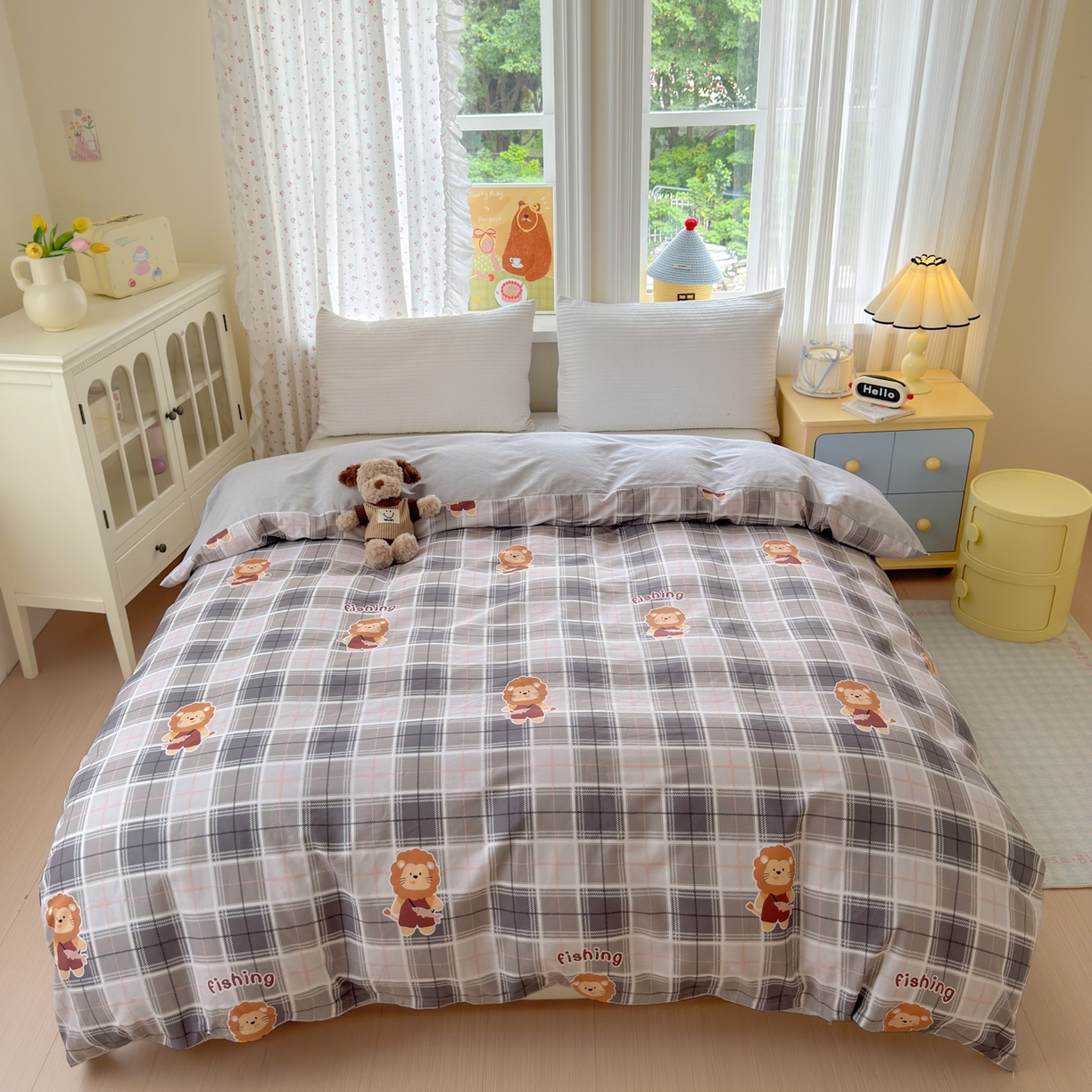 91家纺网 家纺一手货源 找家纺 清雅福 2026春夏新品全棉13070萌趣系列单被套 森林日记-灰格