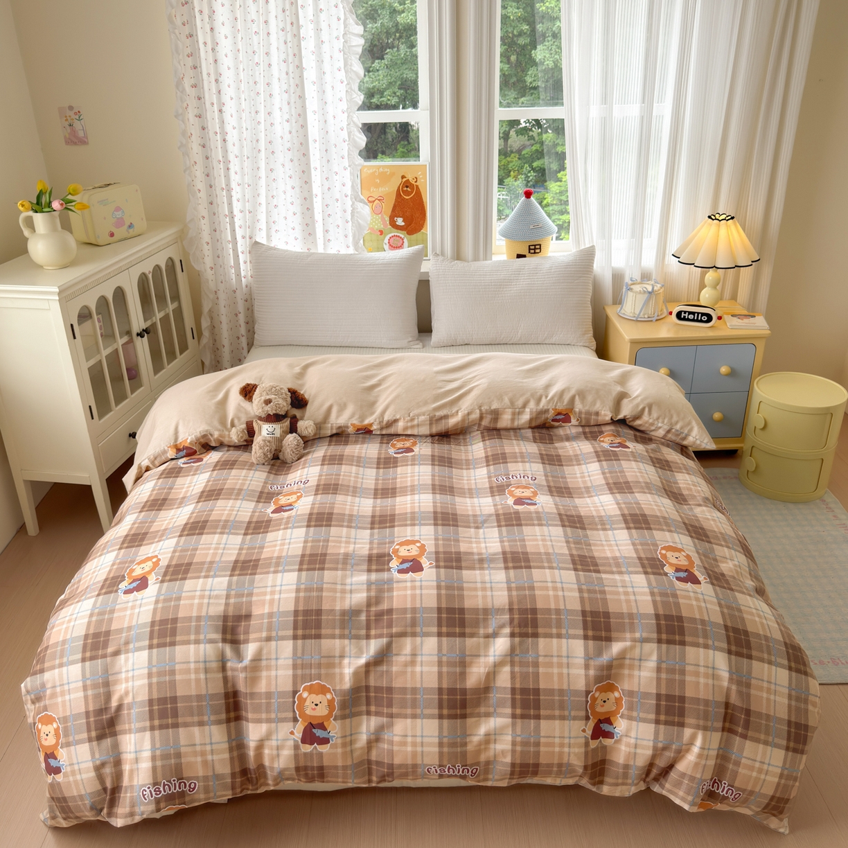 91家纺网 家纺一手货源 找家纺 清雅福 2026春夏新品全棉13070萌趣系列单被套 森林日记-咖格