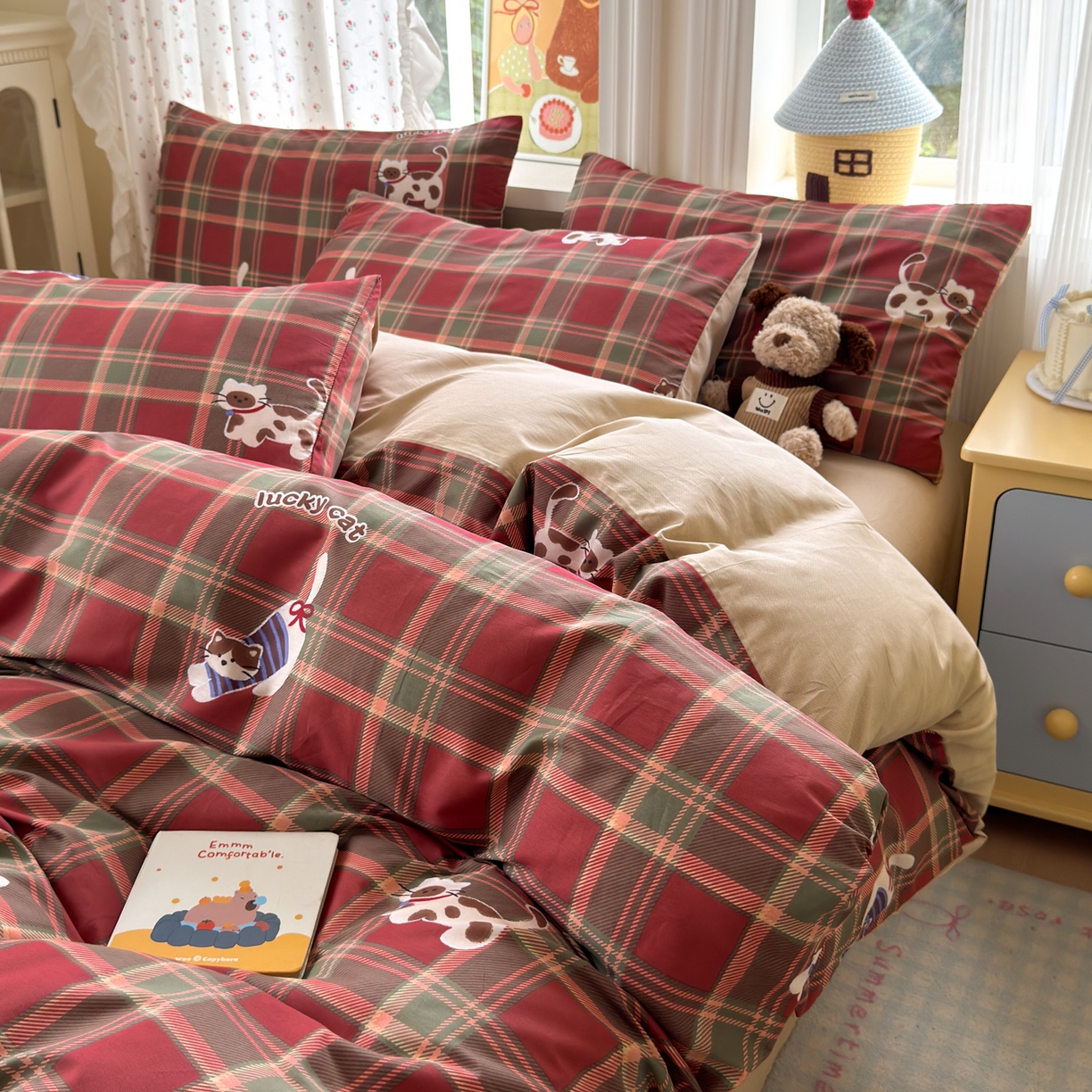 91家纺网 家纺一手货源 找家纺 清雅福 2026春夏新品全棉13070萌趣系列单被套 呆萌喵-圣诞格