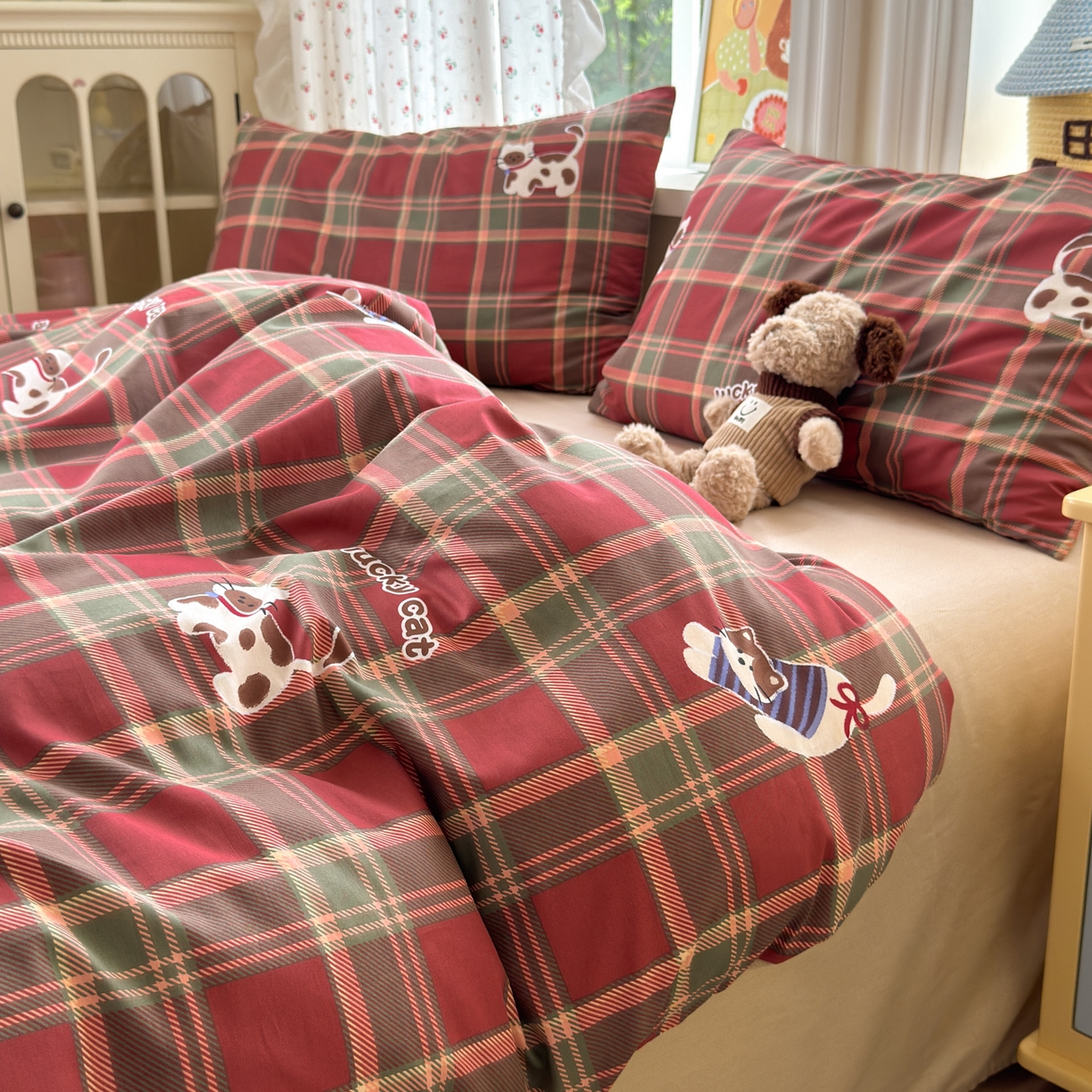 91家纺网 家纺一手货源 找家纺 清雅福 2026春夏新品全棉13070萌趣系列单被套 呆萌喵-圣诞格