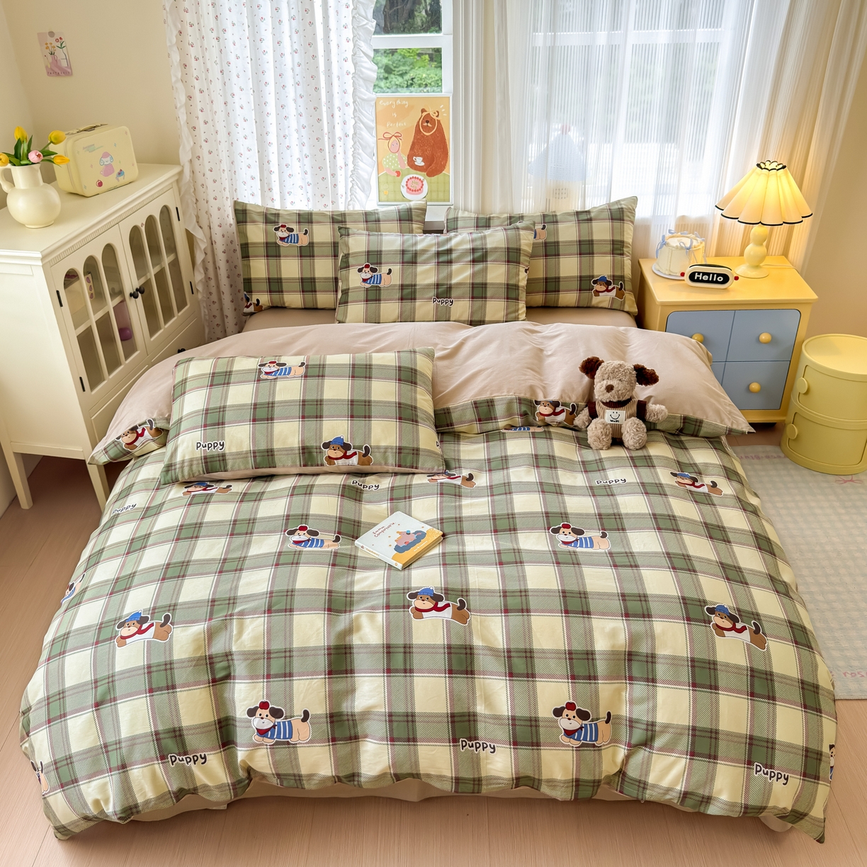 91家纺网 家纺一手货源 找家纺 清雅福 2026春夏新品全棉13070萌趣系列单被套 可爱汪-绿格