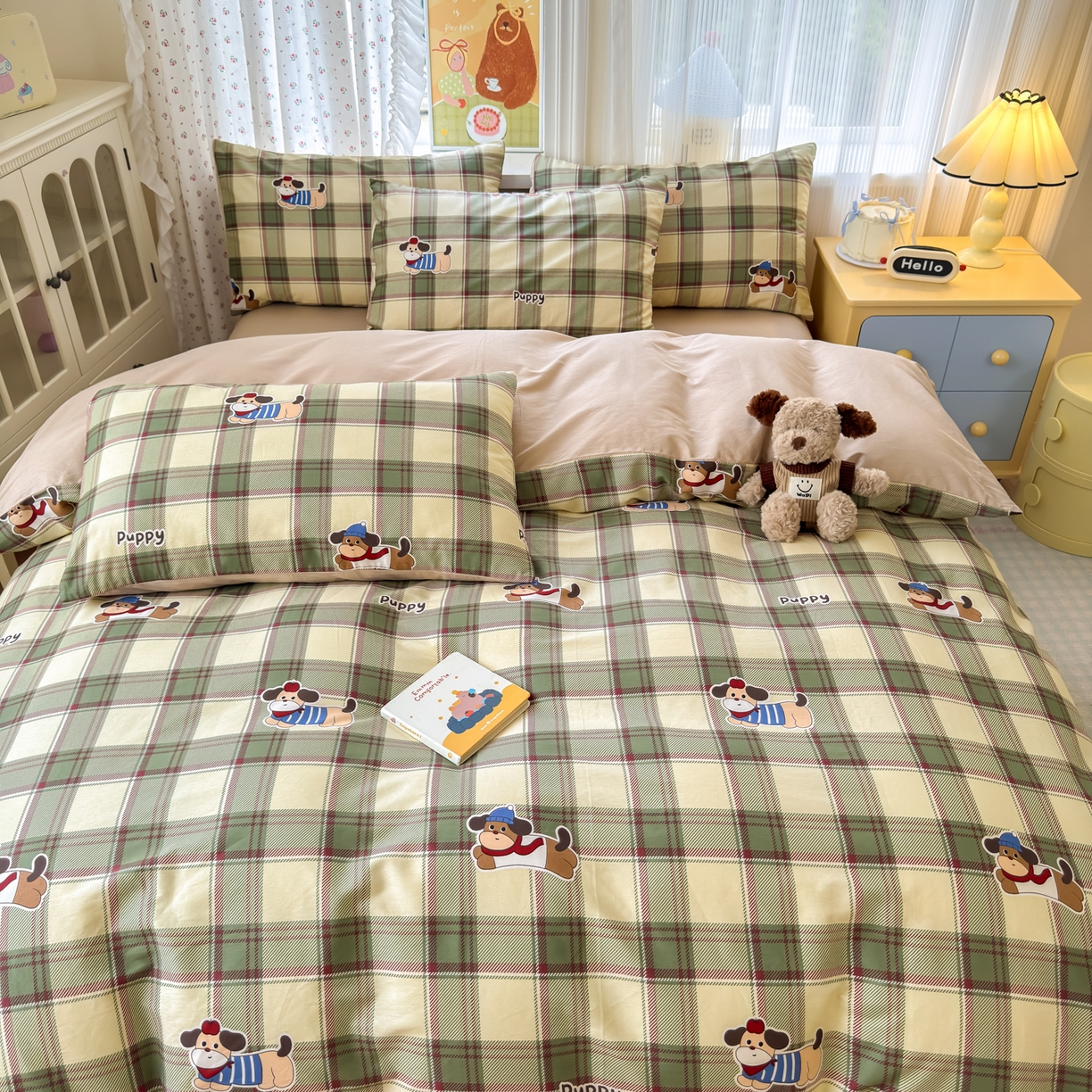 91家纺网 家纺一手货源 找家纺 清雅福 2026春夏新品全棉13070萌趣系列单被套 可爱汪-绿格