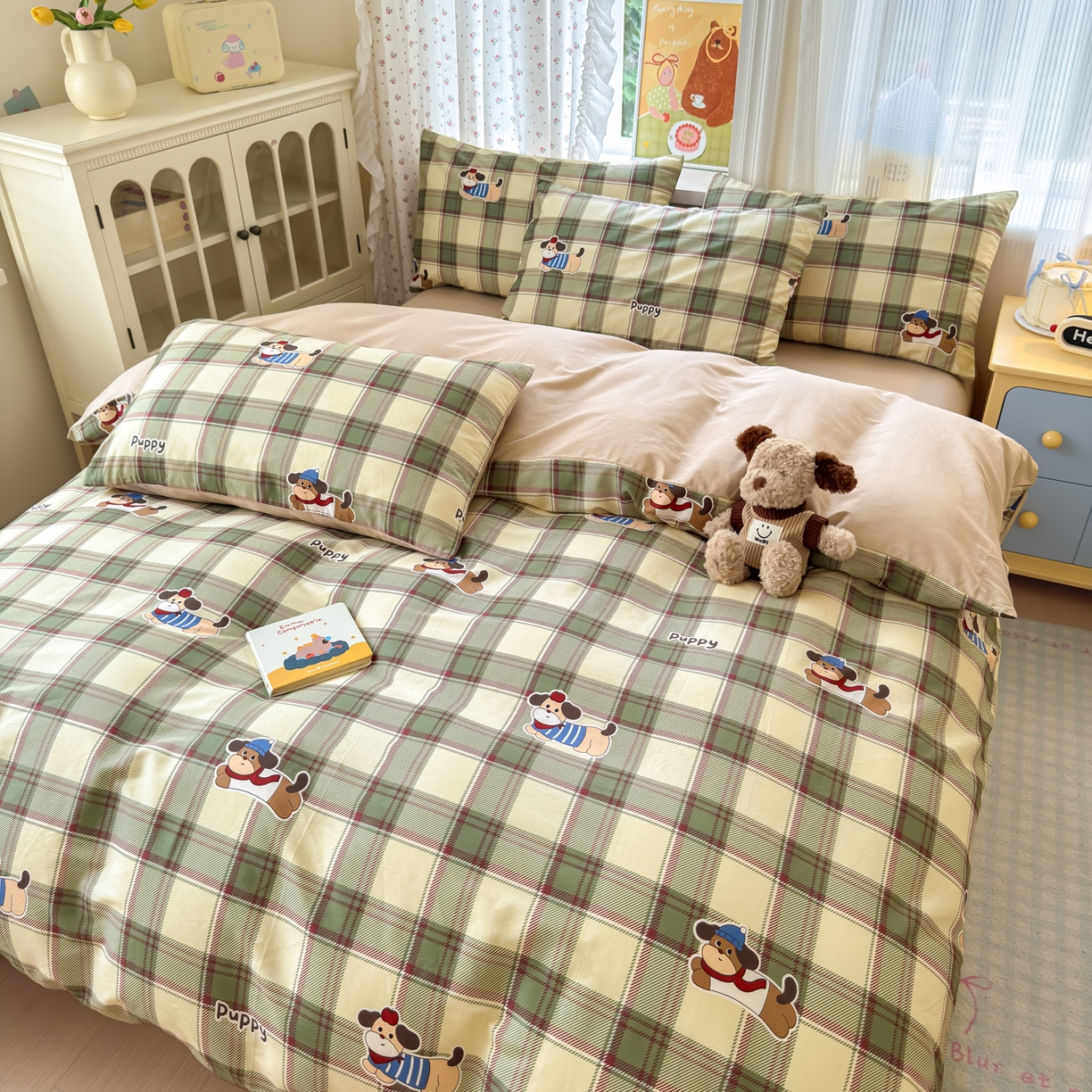 91家纺网 家纺一手货源 找家纺 清雅福 2026春夏新品全棉13070萌趣系列单被套 可爱汪-绿格