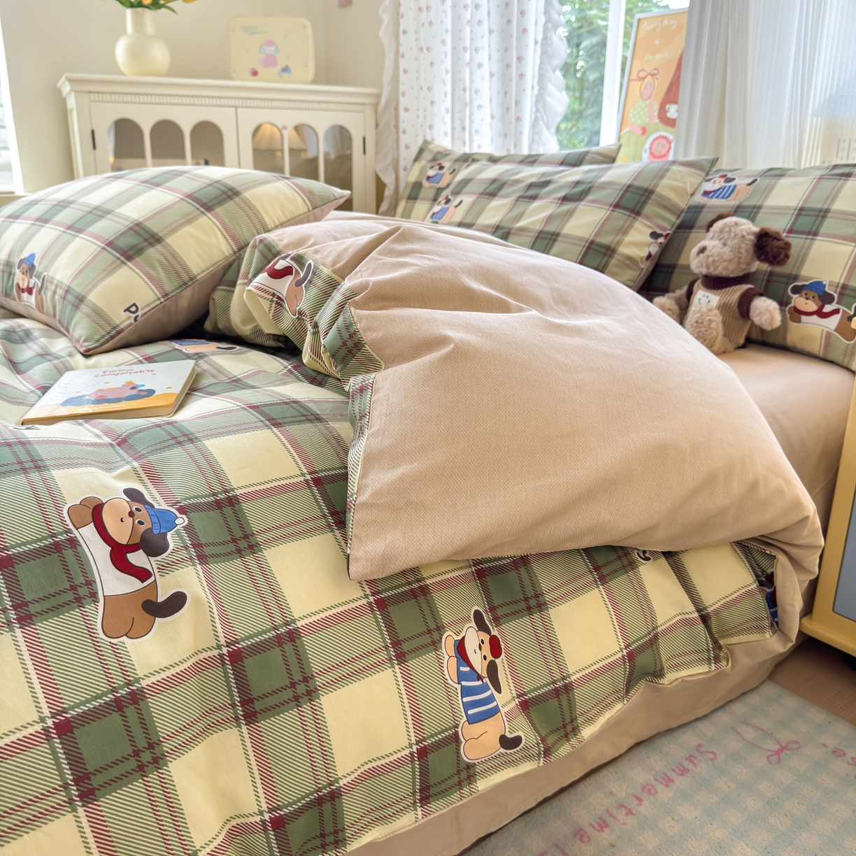 91家纺网 家纺一手货源 找家纺 清雅福 2026春夏新品全棉13070萌趣系列单被套 可爱汪-绿格