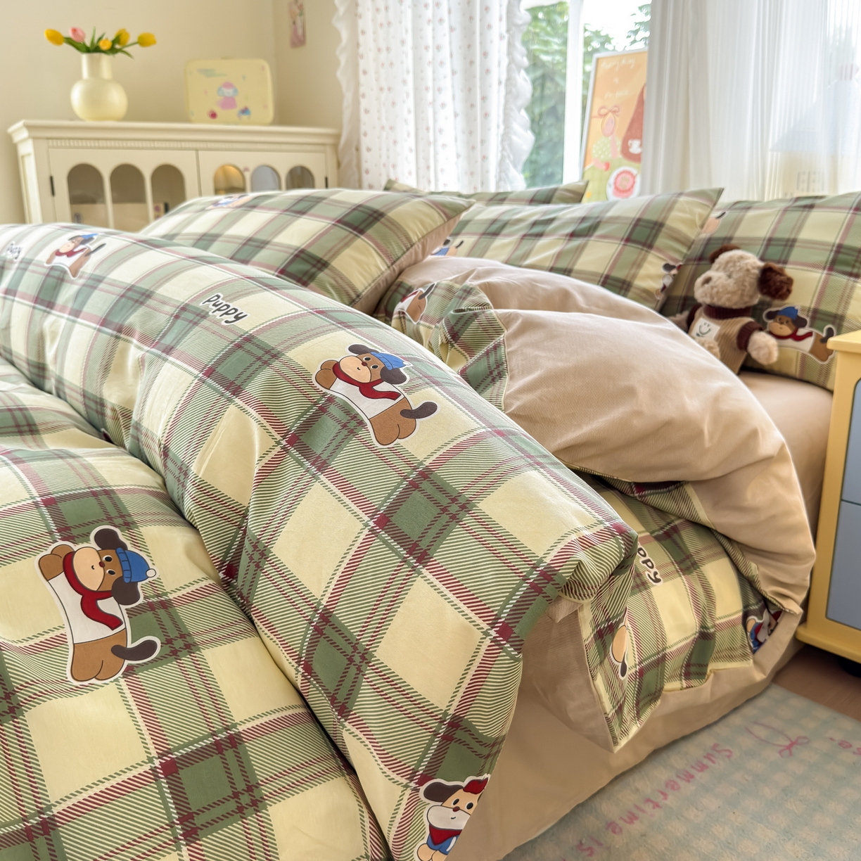 91家纺网 家纺一手货源 找家纺 清雅福 2026春夏新品全棉13070萌趣系列单被套 可爱汪-绿格