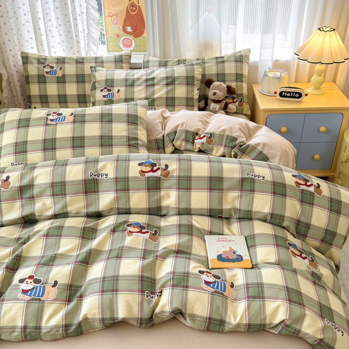 91家纺网 家纺一手货源 找家纺 清雅福 2026春夏新品全棉13070萌趣系列单被套 可爱汪-绿格