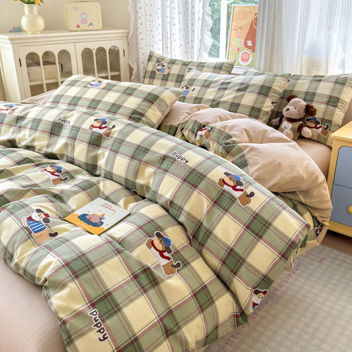 91家纺网 家纺一手货源 找家纺 清雅福 2026春夏新品全棉13070萌趣系列单被套 可爱汪-绿格