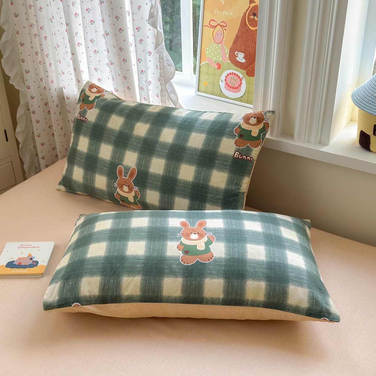 91家纺网 家纺一手货源 找家纺 清雅福 2026春夏新品全棉13070萌趣系列单被套 俏皮兔-绿格