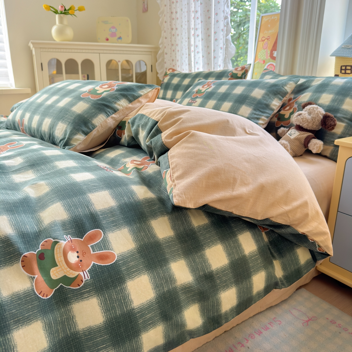 91家纺网 家纺一手货源 找家纺 清雅福 2026春夏新品全棉13070萌趣系列单被套 俏皮兔-绿格